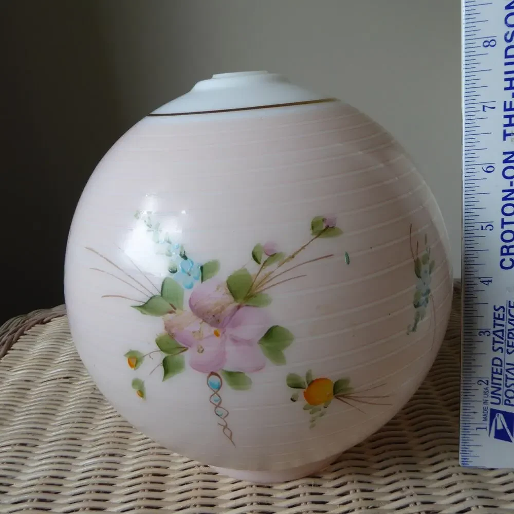 Antique Hand Painted Oil Lamp Globe Ball Lamp Shade 8” Tall 9” Dia 4” Base Rim